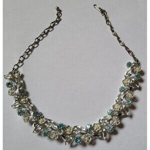 Sparkly Vintage Turquoise Rhinestone & Tiny Pearl Choker Necklace - 15" long